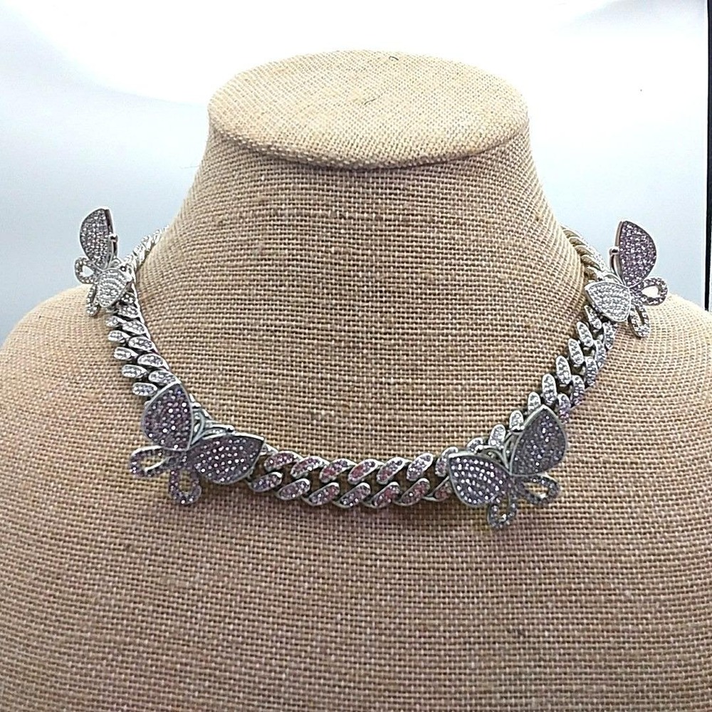 Articulated Silver Tone Butterfly Rhinestone Necklace Cottagecore Fairy core‎
